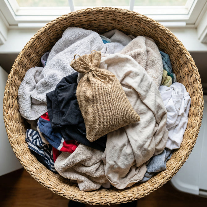 Burlap bag of activated charcoal on a pile of dirty clothes