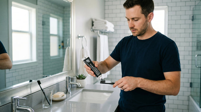 Man using activated charcoal toothpaste in a bathroom