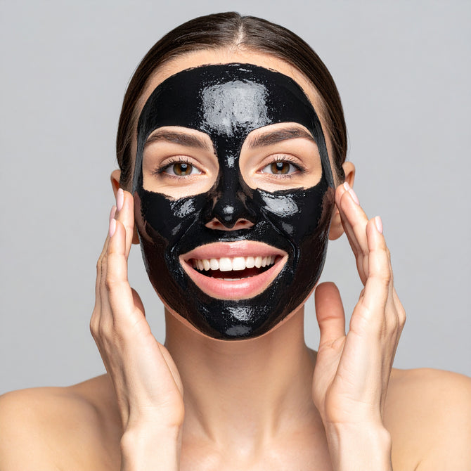 A woman applying an activated charcoal face scrub