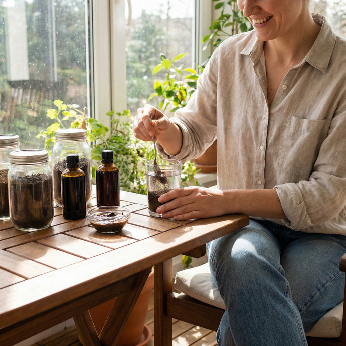 A person at a table making an activated charcoal drink
