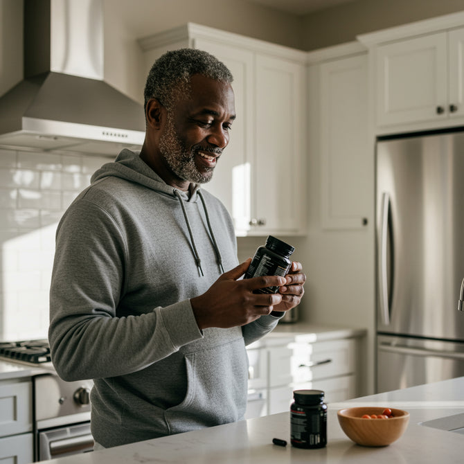 Man holding activated charcoal capsules in kitchen