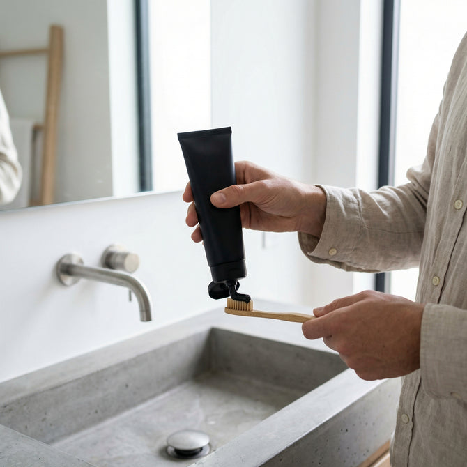 A person applying activated charcoal toothpaste to their toothbrush
