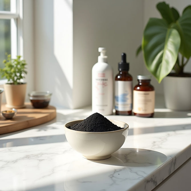 Activated charcoal in a bowl on a marble countertop