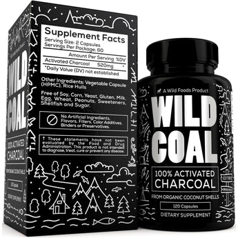 VYSN Activated Charcoal Capsules made from 100% organic coconuts, 120 count, for health and wellness purposes.