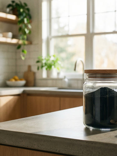 A jar of activated charcoal powder in a modern kitchen