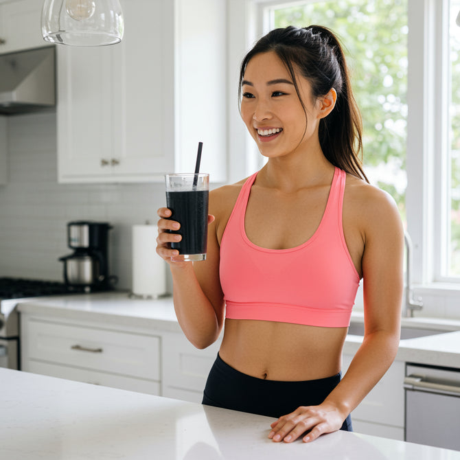 Woman in athletic wear holding a smoothie in a kitchen