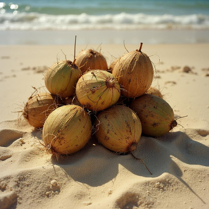 Pile of coconuts on a sandy beach with ocean waves in the background