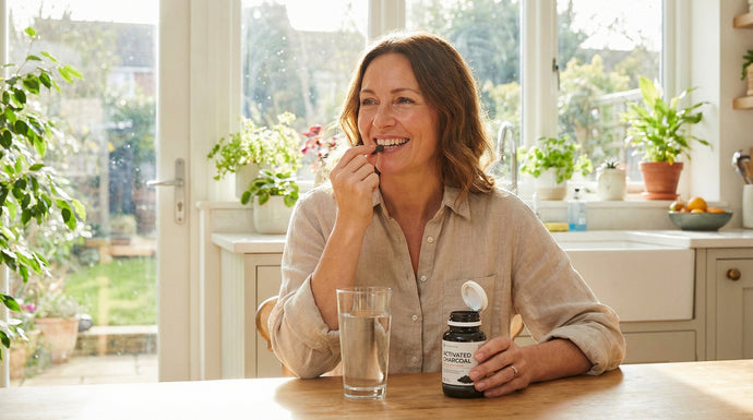 Woman in a kitchen taking activated charcoal capsules