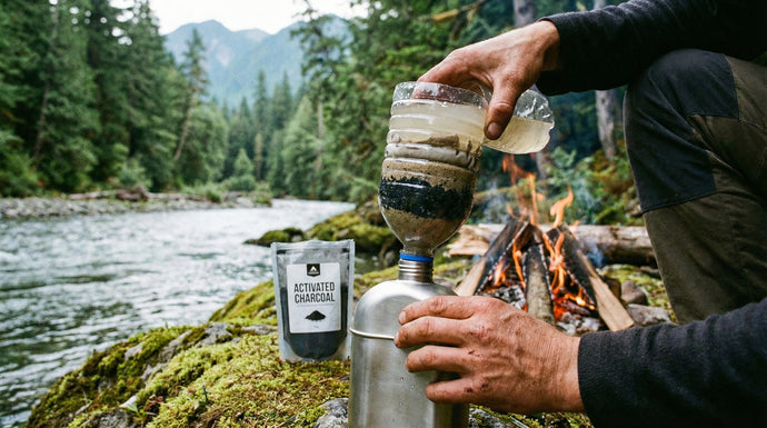 Person filtering water at a campfire with activated charcoal