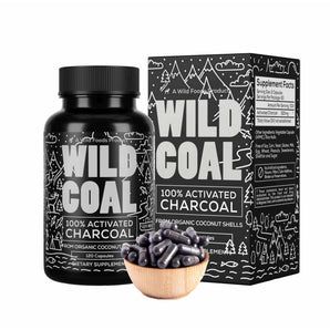 VYSN activated charcoal capsules made from 100% organic coconuts, 120 count, in a clear bottle for health and wellness use.